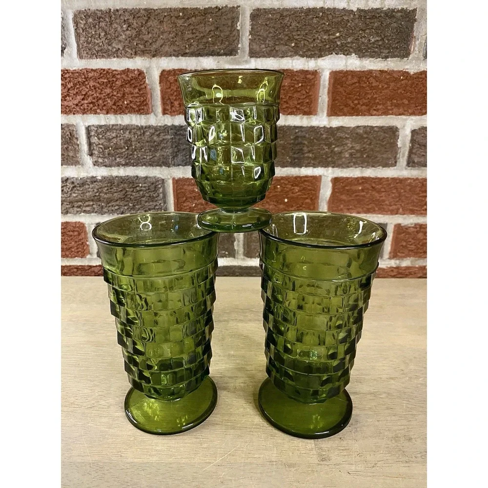 2 Vtg Indiana Glass Whitehall Avocado Green Cubist 12oz Iced Tea Glass 1 Small